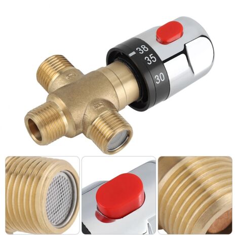 Mischventil für heißes und kaltes Wasser, Thermostat-Mischbatterie aus massivem Messing, Wasserhahn mit fester Temperatur für Spüle, Küche, Badezimmer, Toilette, G1/2, 35–45 °C, 15 mm