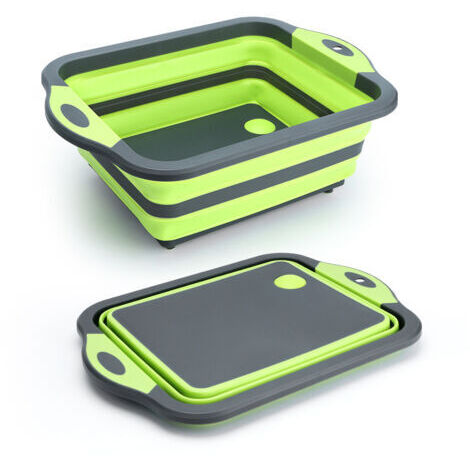 Mise à niveau de la planche à découper pliable verte avec passoire, planche à découper pliante en silicone multifonction, cuve à vaisselle, panier de rangement pour passoire alimentaire, égouttage etd
