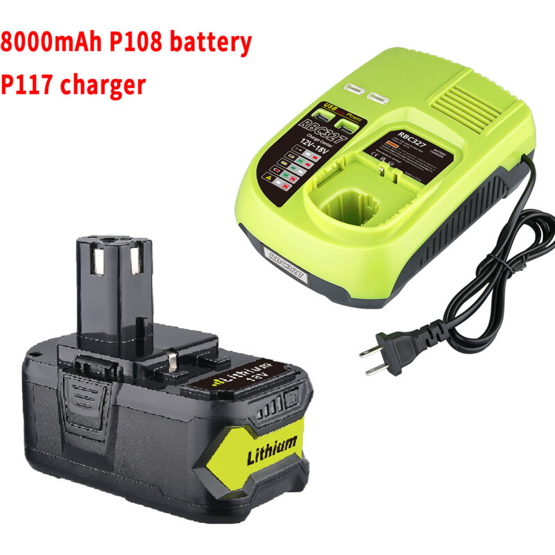 Mise à niveau vers la batterie 18 V 8,0 Ah P108 + chargeur rapide P117 double port USB intelligent pour batterie de remplacement 18 volts Ryobi et