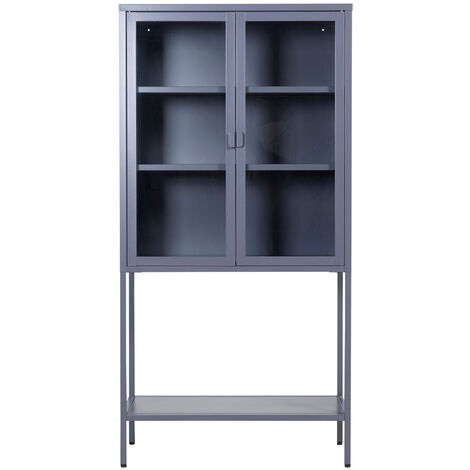 Misha Armoire vitrine 2 portes, 4 tablettes de rangement, gris.