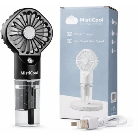 MistiCool Tragbarer Ventilator + Wassersprüher – 4 Geschwindigkeitsstufen, wiederaufladbar, 4–12 Stunden Laufzeit