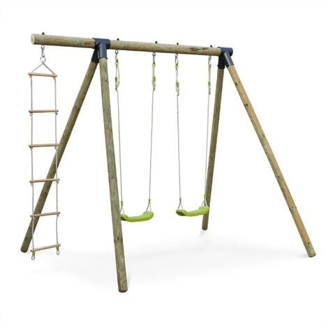 main image of "Mistral wooden swing set with two swings and a climbing rope ladder - autoclave pressure treated FSC approved pine"