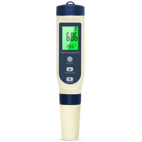 Misuratore di pH 5 in 1: pH/TDS/EC/Salinità/Termometro, display LCD, compensazione automatica della temperatura, misuratore di pH elettronico, adatto per acqua potabile, acquari e piscine.