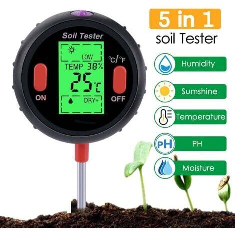 Misuratore di pH del terreno 5 in 1, sensore di umidità del terreno, sensore di luce per piante, fiori e giardino