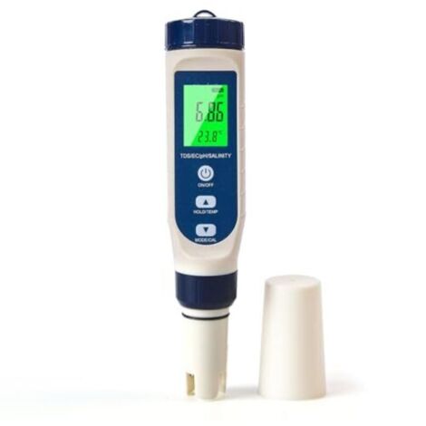Misuratore di pH per acqua, misuratore di pH multifunzionale (pH/salinità/EC/TDS/temperatura), misuratore di pH con compensazione automatica della temperatura, adatto per acqua potabile, piscine, idro