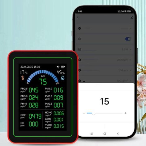 Misuratore di qualità dell'aria Eosnow 18 in 1: CO2, TVOC, HCHO, PM2.5, PM10, rilevatore di temperatura e umidità, alimentazione a batteria per interni, memorizzazione dati, colore nero.