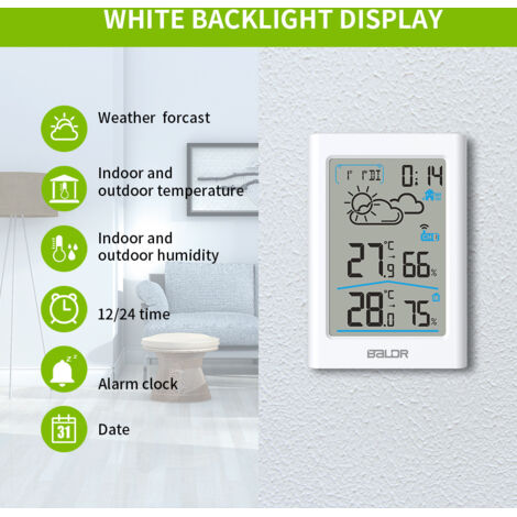 Misuratore di umidità per temperatura interna ed esterna Stazione meteorologica wireless Ampio schermo LCD Previsioni meteo Sveglia elettronica