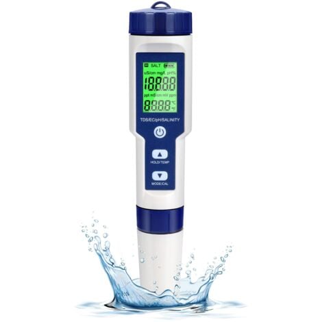 RAPANDA Misuratore PH, tester digitale portatile 5 in 1 per la qualità dell'acqua, alta precisione, per misurare la salinità PH, temperatura TDS EC, con display retroilluminato, impermeabile IP67