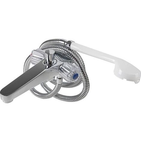 Mitigeur avec limiteur de débit automatique et aération intégrée, flexible de douche 1500 mm, douchettes blanches