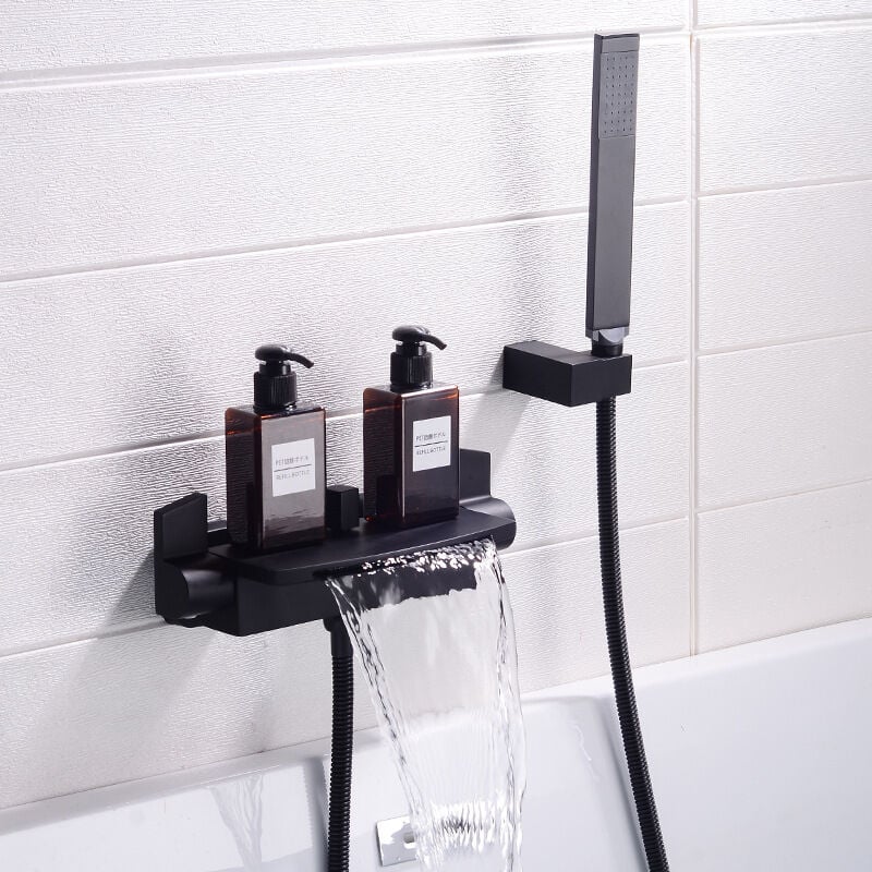 Mitigeur Baignoire Cascade Mural Robinet Baignoire Fixé Au Mur Pour Salle De Bains Robinet De Bain Avec Douche à Main Mitigeur De Bain(Noir b)