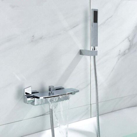 Mitigeur Baignoire Cascade Mural Robinet De Baignoire Pommeau De Douche Cascade Mural Robinet De Baignoire Chaud Et Froid (Argent)