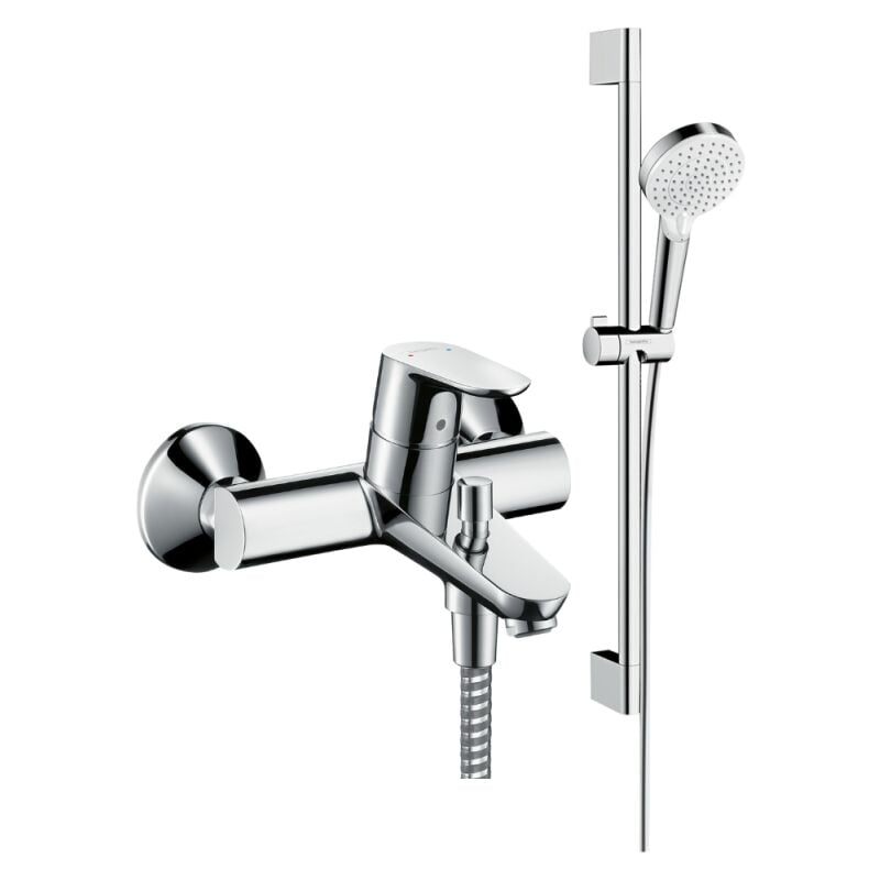 Mitigeur baignoire mécanique Hansgrohe Focus chromé + pack pommeau de douche Crometta 2 jets + flexible + barre