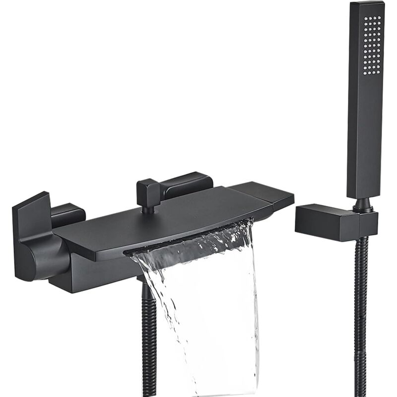 Mitigeur Baignoire Noir Cascade Mural Robinet Baignoire Fixé Au Mur Pour Salle De Bains Robinet De Bain Avec Douche à Main Mitigeur De Bain Le