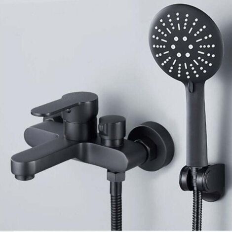 Mitigeur Baignoire Noir Douchette 3 Jets Robinet Douche Mural Support Flexible
