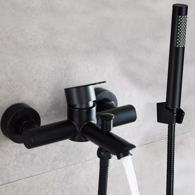 Mitigeur Baignoire Noir Mural, Robinet Baignoire avec Douchette et Flexible de Douche (1.5m) Support, Mitigeur monocommande Douche Mural, Robinet