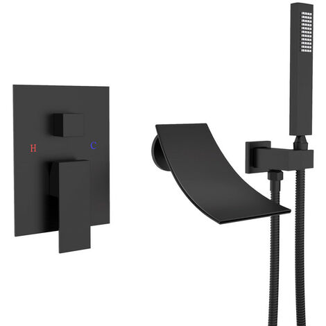 Mitigeur Baignoire Noir Robinet de Baignoire Cascade Robinet de Bain Mural, Poignée Simple Mitigeur de Douche avec 1,5m Flexible de Douche en Acier Inoxydable, Douchette en Laiton