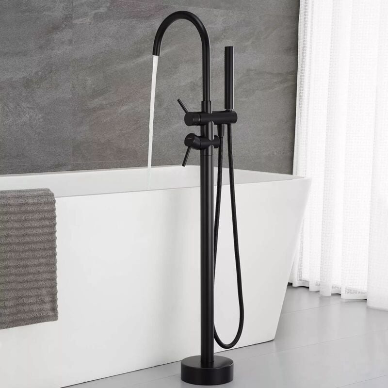 Mitigeur Baignoire ilot noir Robinet de Baignoire avec Douchette pour Salle de Bain丨Laiton Baignoire Robinet Mitigeur Îlot Sur Pied avec Poignée