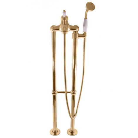 Mitigeur baignoire sur pied LABE avec douchette en laiton doré 110 cm-Doré-Doré-Chrome céramique---Chrome céramique