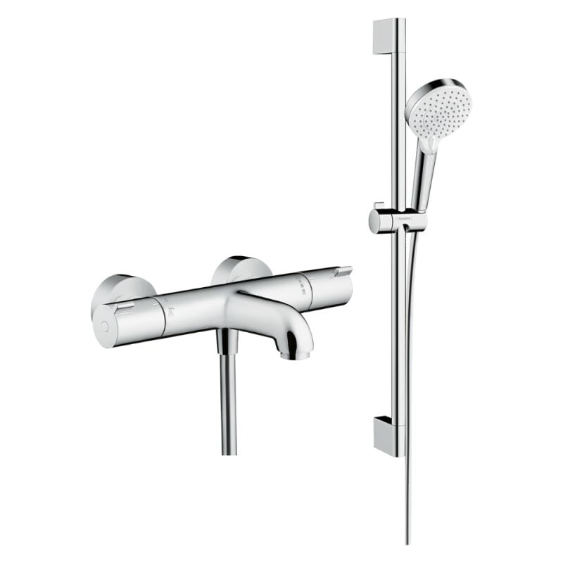 Mitigeur baignoire thermostatique HANSGROHE Ecostat 1001 CL chromé + pack pommeau de douche Crometta 2 jets + flexible + barre