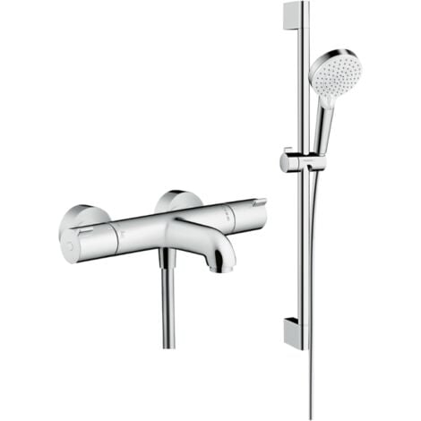 Mitigeur baignoire thermostatique HANSGROHE Ecostat 1001 CL chromé + pack pommeau de douche Crometta 2 jets + flexible + barre