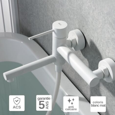 Mitigeur Bain/Douche blanc mat Pommeau Anti-Calcaire - Design Moderne et Économie d'eau - Kit Complet MILOS STICK  IMEX