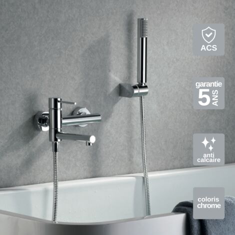 Mitigeur Bain/Douche chromé Pommeau Anti-Calcaire - Design Moderne et Économie d'eau - Kit Complet MILOS STICK  IMEX