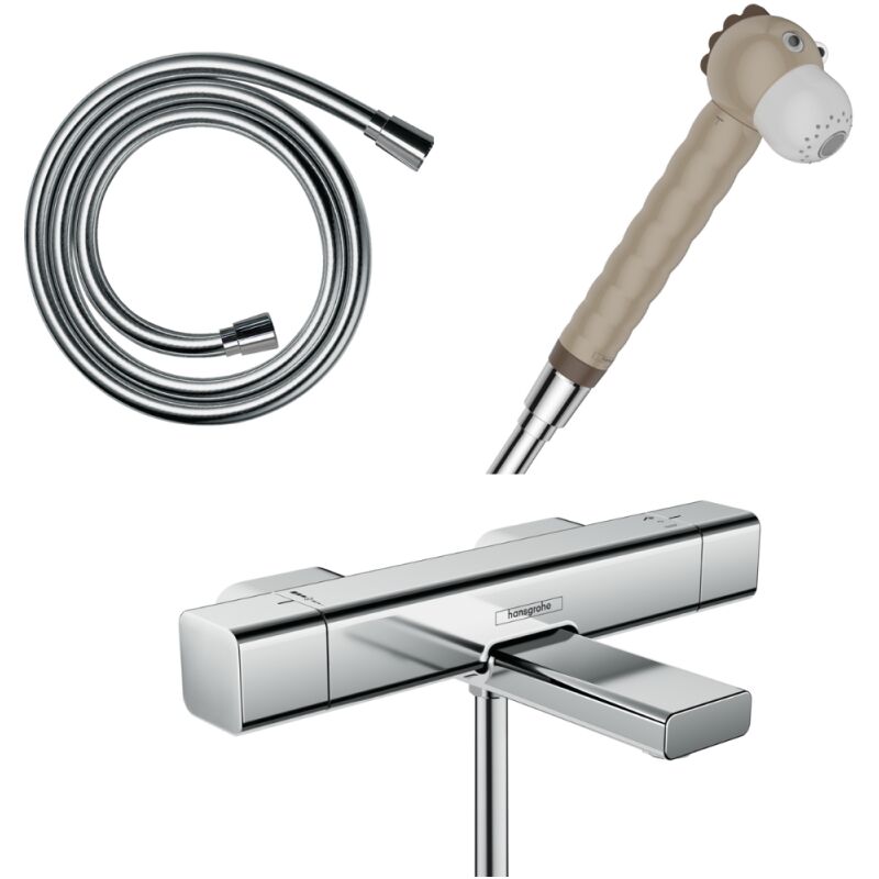 Mitigeur bain douche Ecostat E HANSGROHE + pommeau Jocolino lion + flexible Isiflex 160 cm