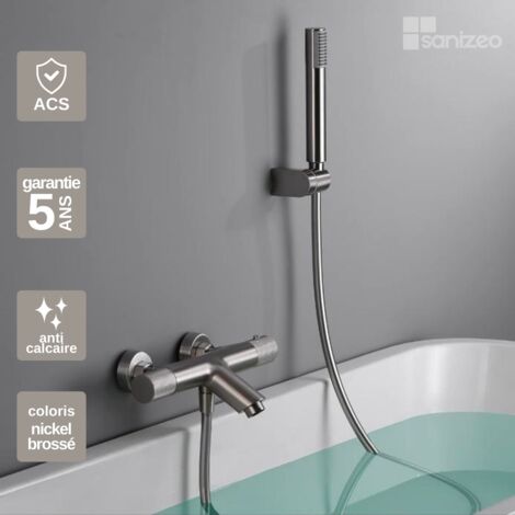 Mitigeur Bain/Douche niquel brossé Pommeau Anti-Calcaire - Design Moderne et Économie d'eau - Kit Complet LINE IMEX