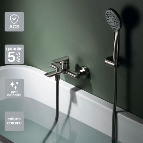 Mitigeur Bain/Douche niquel brossé Pommeau Anti-Calcaire - Design Moderne et Économie d'eau - Kit Complet URAL IMEX