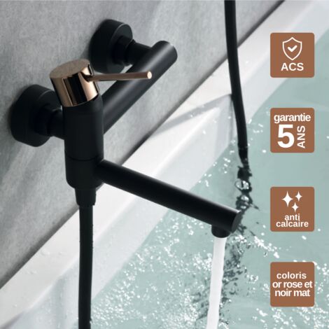 Mitigeur Bain/Douche noir/or Pommeau Anti-Calcaire - Design Moderne et Économie d'eau - Kit Complet MILOS STICK  IMEX