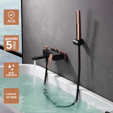 Mitigeur Bain/Douche noir/or rose Pommeau Anti-Calcaire - Design Moderne et Économie d'eau - Kit Complet SUECIA IMEX
