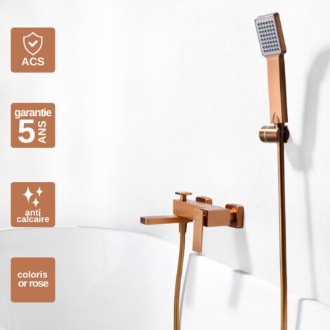 Mitigeur Bain/Douche or rose brossé Pommeau Anti-Calcaire - Design Moderne et Économie d'eau - Kit Complet PISA IMEX