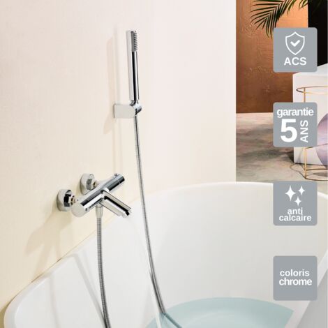Mitigeur Bain/Douche Thermostatique chromé Pommeau Anti-Calcaire - Design Moderne - Kit Complet MONZA IMEX
