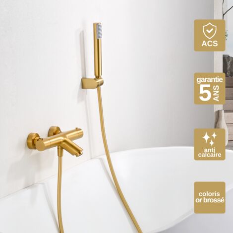 Mitigeur Bain/Douche Thermostatique or brossé Pommeau Anti-Calcaire - Design Moderne - Kit Complet MONZA IMEX