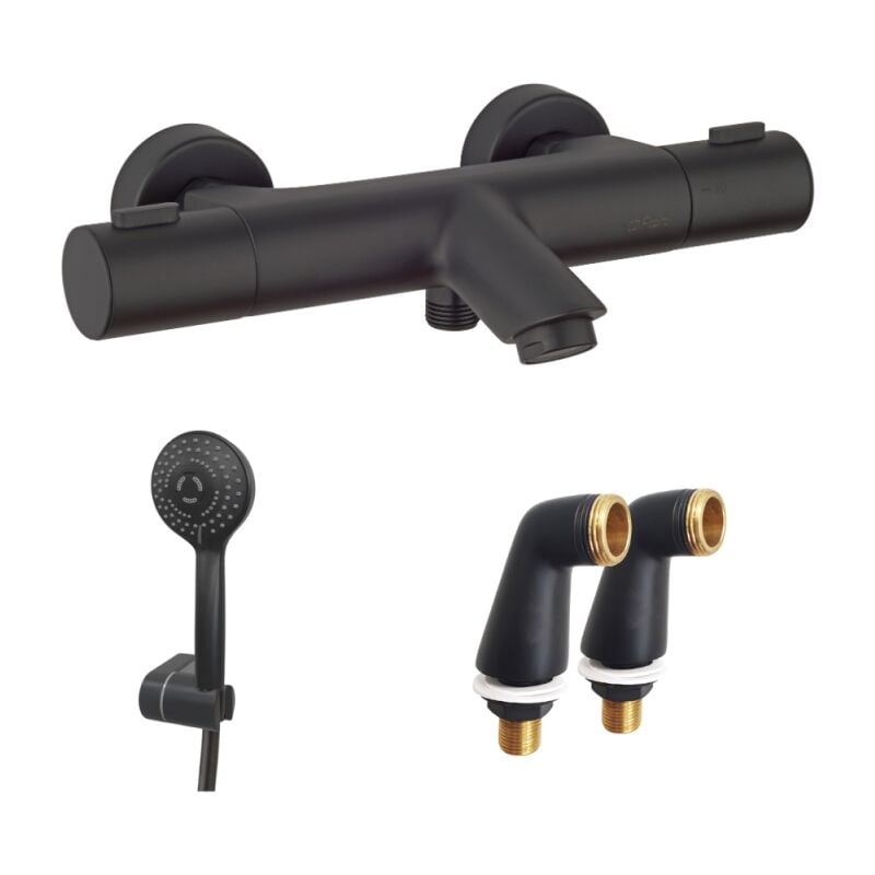 Mitigeur bain douche thermostatique paini Ruby + Minikit douchette 3 jets rond Ruby + Colonnettes Noir mat
