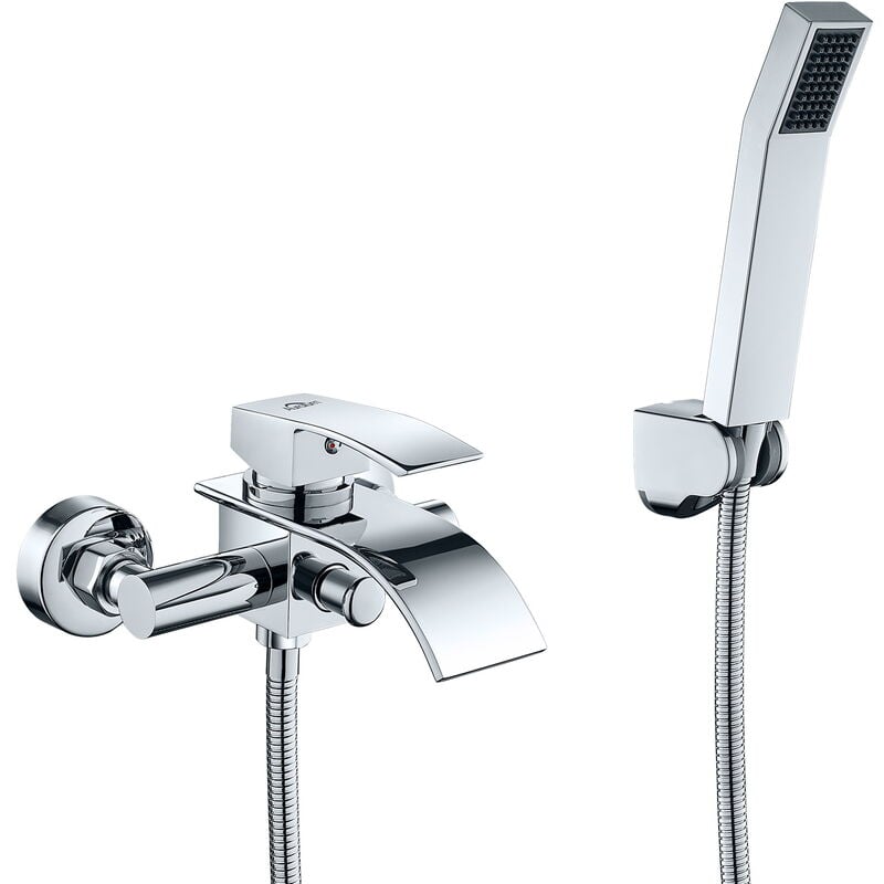 Mitigeur Bain Robinet de Baignoire Cascade avec Pommeau de douche Economie d'eau Laiton Chrome pour Salle de Bain