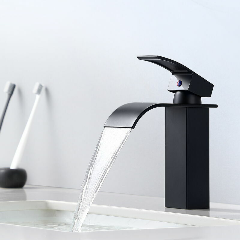 KZQ - Mitigeur Cascade Noir Moderne pour Lavabo - Robinet de Salle de Bain Auralum - Convient pour les Lavabos encastrés