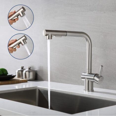 Mitigeur Cuisine avec Douchette Extractible Robinet d'évier à Deux Jets Robinetterie Cuisine en Acier Brossé Pivotant 360°,Barboteur Démotable
