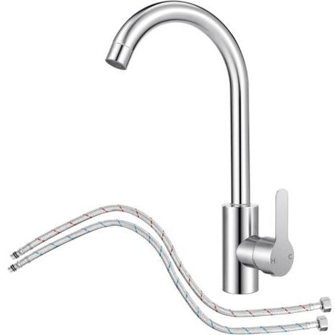 Mitigeur Cuisine avec Tuyau Flexible G3/8 x M10,Robinet Cuisine en Acier Inox avec Bec Pivotant à 360° Monocommande,Robinet Evier de Cuisine d'Arc à Sortie d'Eau Haute