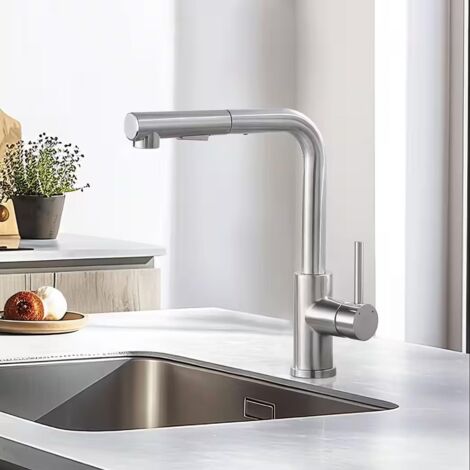 Mitigeur Cuisine Basse Pression avec Douchette Extractible, Robinet 2 Jets, Rotation 360°, 3 Raccords pour Chauffe-eau (Boiler), Acier Inoxydable Brossé