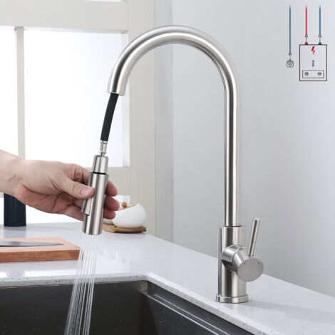 Mitigeur cuisine basse pression haut de gamme, 2 types de jets, pivotant 360°, douchette extractible, bec inox robuste