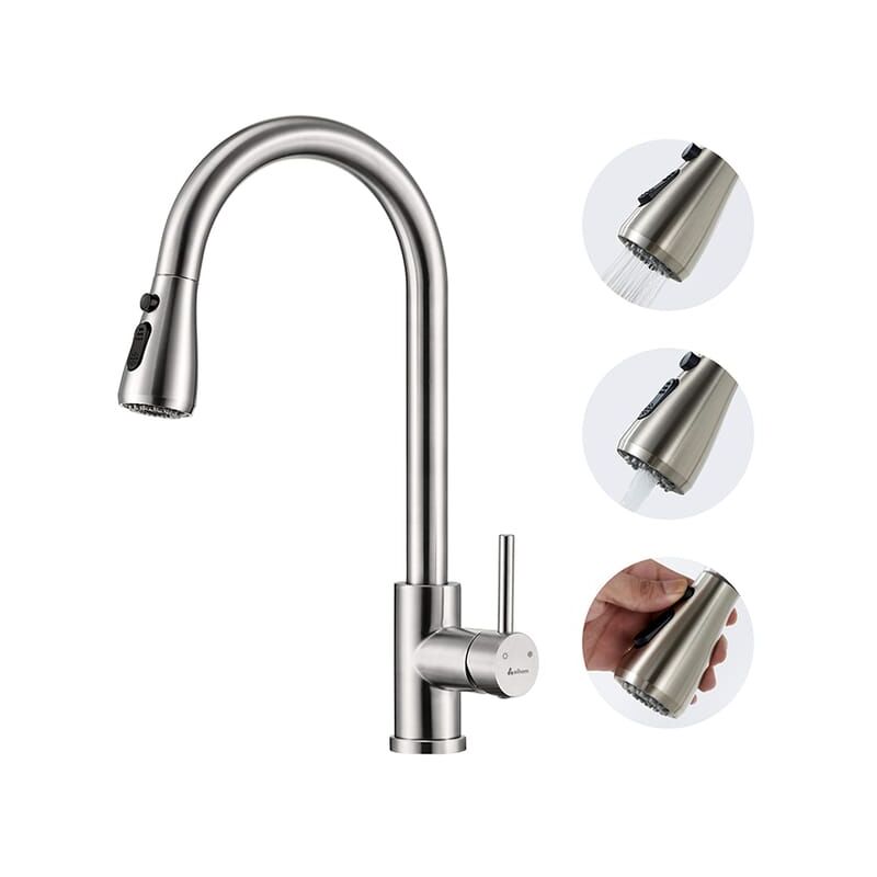 Ikodm - Mitigeur Cuisine Brossé Rotatif à 360° Robinet de Cuisine avec Douchette Extractible en Acier Inox Robinetterie Cuisine d'Évier avec 3 Modes