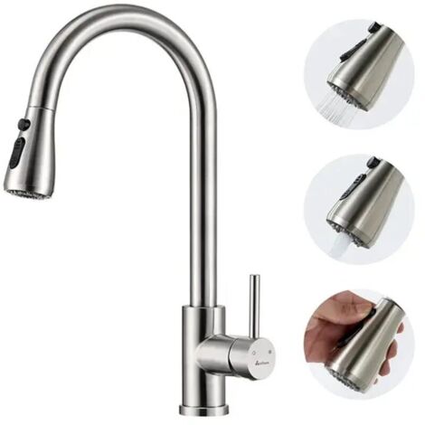 Mitigeur Cuisine Brossé Rotatif à 360° Robinet de Cuisine avec Douchette Extractible en Acier Inox Robinetterie Cuisine d'Évier avec 3 Modes