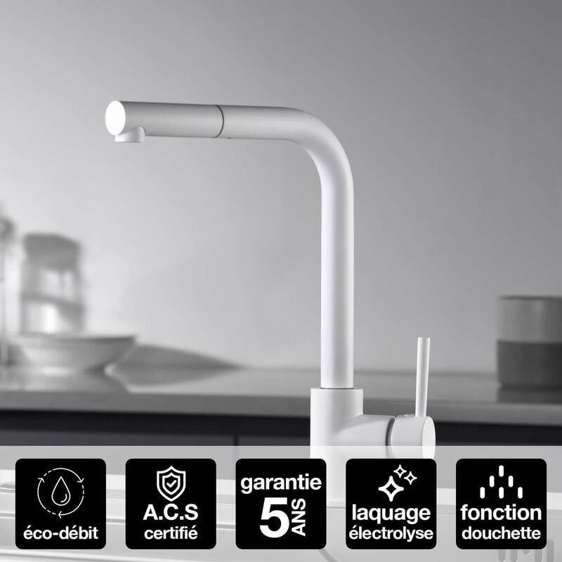 Robinet Mitigeur de Cuisine anti-calcaire avec Douche anti-calcairette Blanc Mat imex malta GCE006/BL