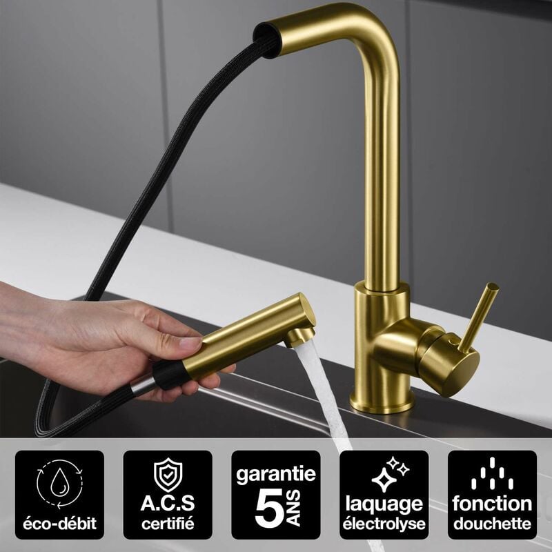 Imex Products - Robinet Mitigeur de Cuisine anti-calcaire avec Douche anti-calcairette Or Brossé imex malta GCE006/OC