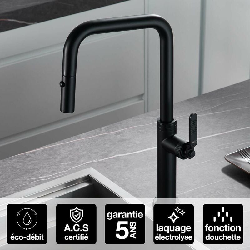 Robinet Mitigeur de Cuisine anti-calcaire avec Douche anti-calcairette Noir Mat IMEX NIZA GCE027/NG