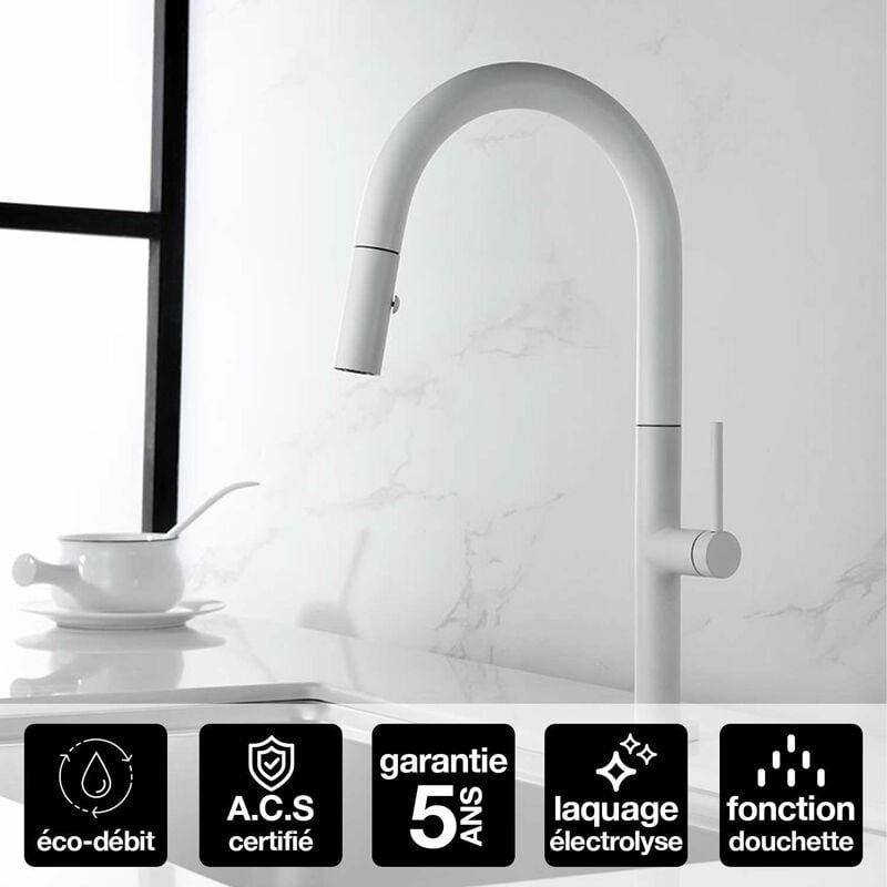 Robinet Mitigeur de Cuisine anti-calcaire avec Douche anti-calcairette Blanc Mat IMEX SAMOA GCE017/BL