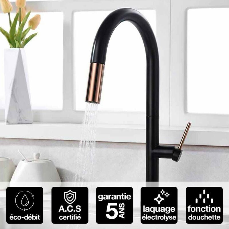 Imex Products - Robinet Mitigeur de Cuisine anti-calcaire avec Douche anti-calcairette Noir Mat et Or Rosé imex samoa GCE017/NOR