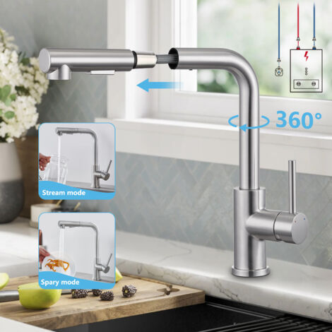 Mitigeur Cuisine Inox Brossé avec Douchette Extractible, Basse Pression pour Chauffe-eau, 2 Jets, Rotation 360°, Design Moderne