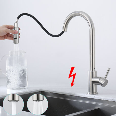 Mitigeur cuisine premium basse pression, 2 jets, pivotant 360°, douchette extractible, bec inox haut, facile à nettoyer, 3 raccords pour chauffe-eau